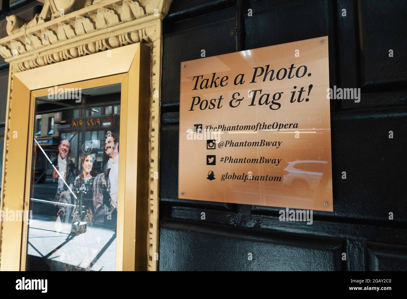 'Phantom of the Opera' Social Media Photo Sign at The Majestic Theatre, 245 W. 44th Street, Times Square, NYC Stock Photo