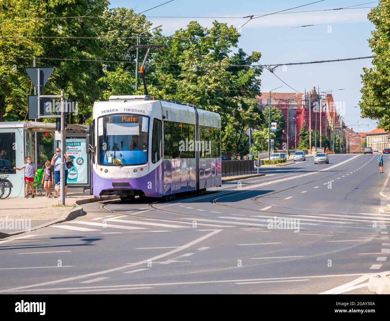 Timisoara, Romania - 06.25.2021: Number 1 city tram on tracks in Timisoara. Public transport society (STPT) Stock Photo