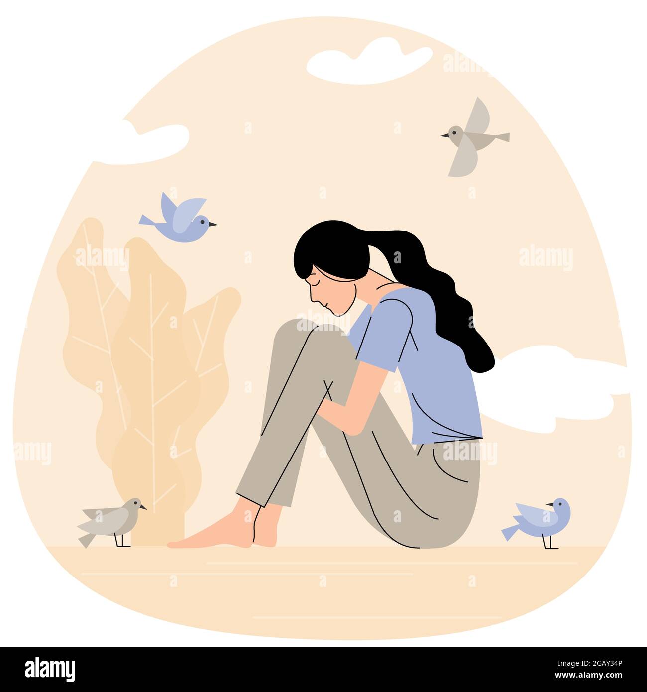 Sad Girl Sitting And Hugging Her Knees Stock Vector Image Art Alamy