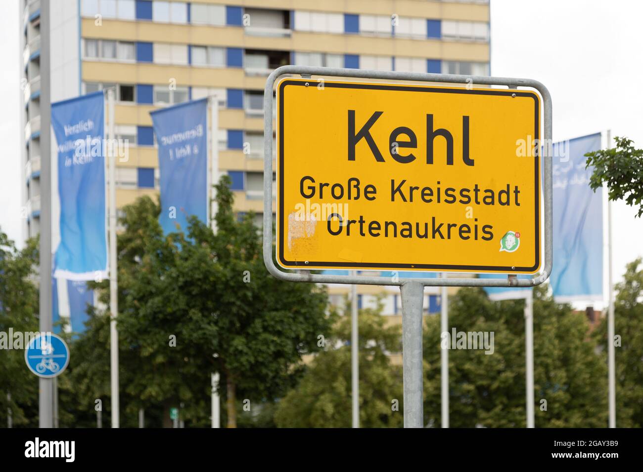 Place-name sign Kehl, Grosse Kreisstadt, Ortenaukreis, Baden-Wuerttemberg, Germany. Stock Photo