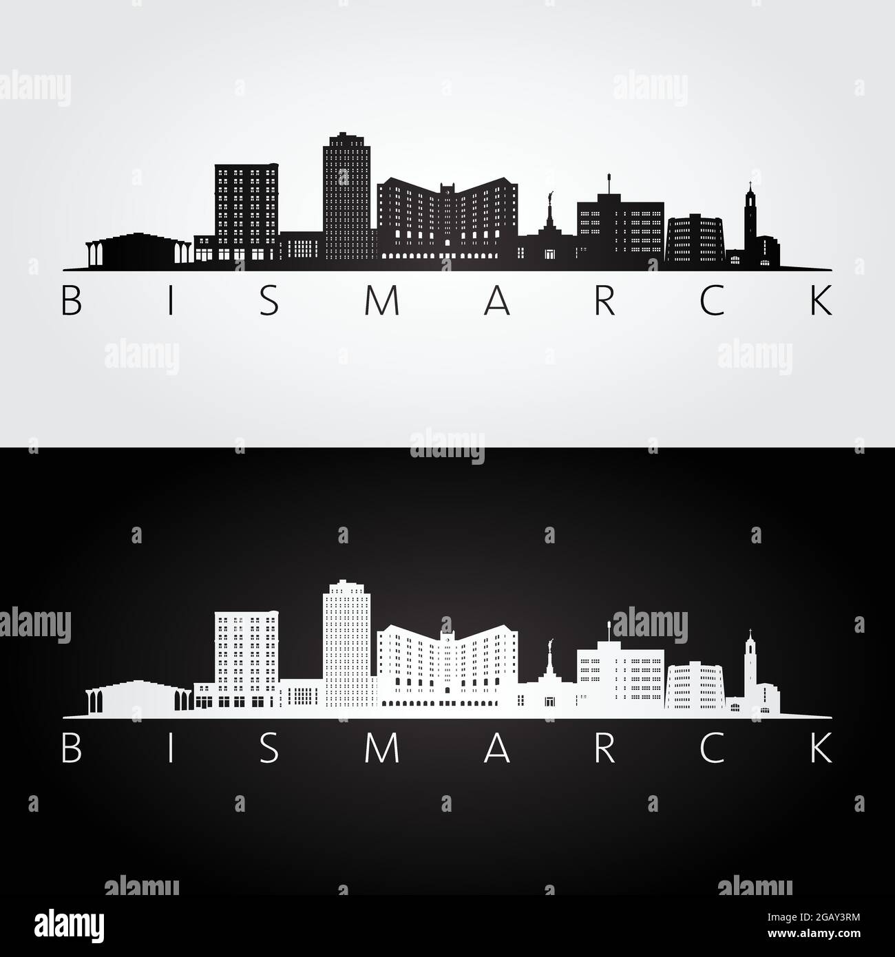 Bismarck, USA skyline and landmarks silhouette, black and white design, vector illustration. Stock Vector