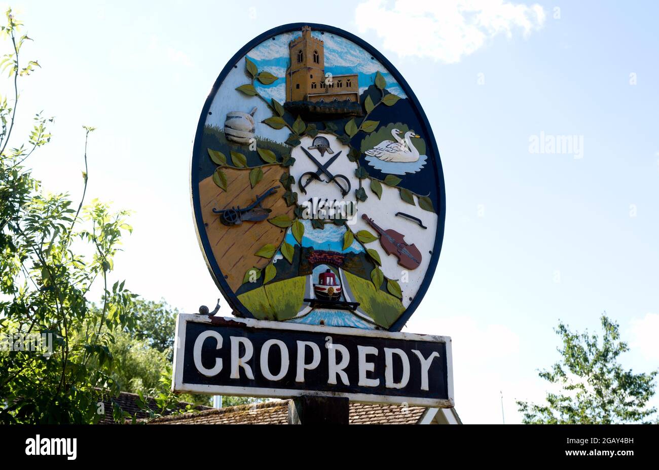 Cropredy village sign, Oxfordshire, England, UK Stock Photo