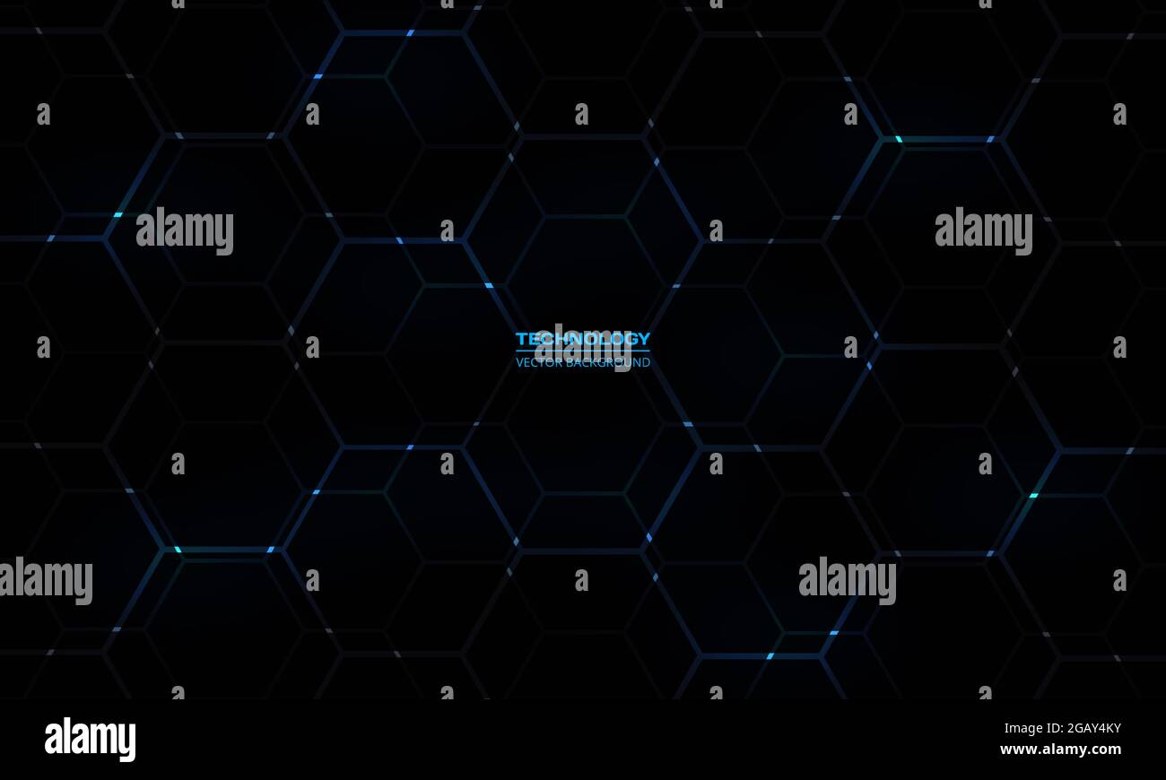 Black hexagonal technology background wit blue energy flashes. Hexagon ...