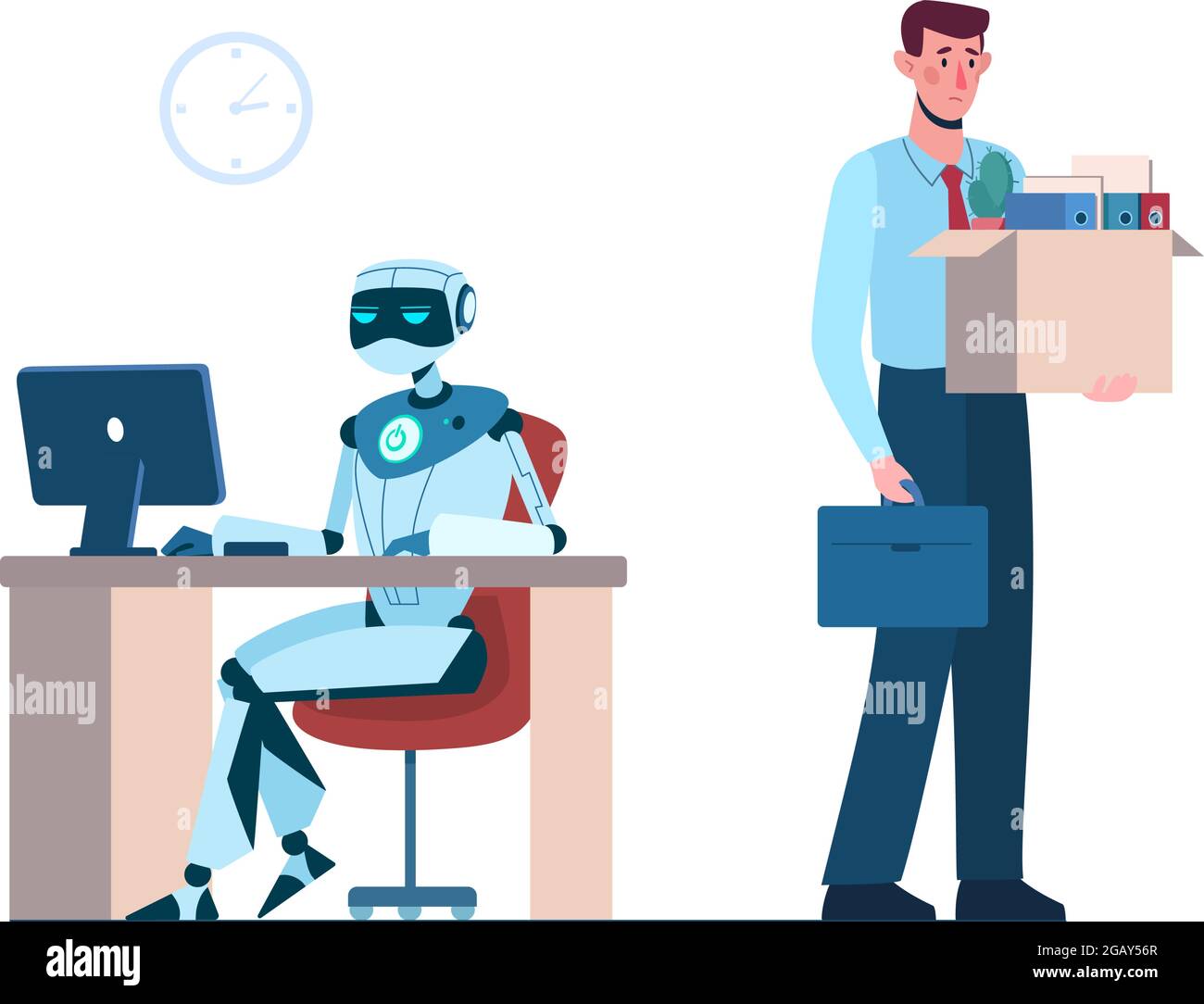 Man lost her job due to robotics. The robot is in the workplace, and