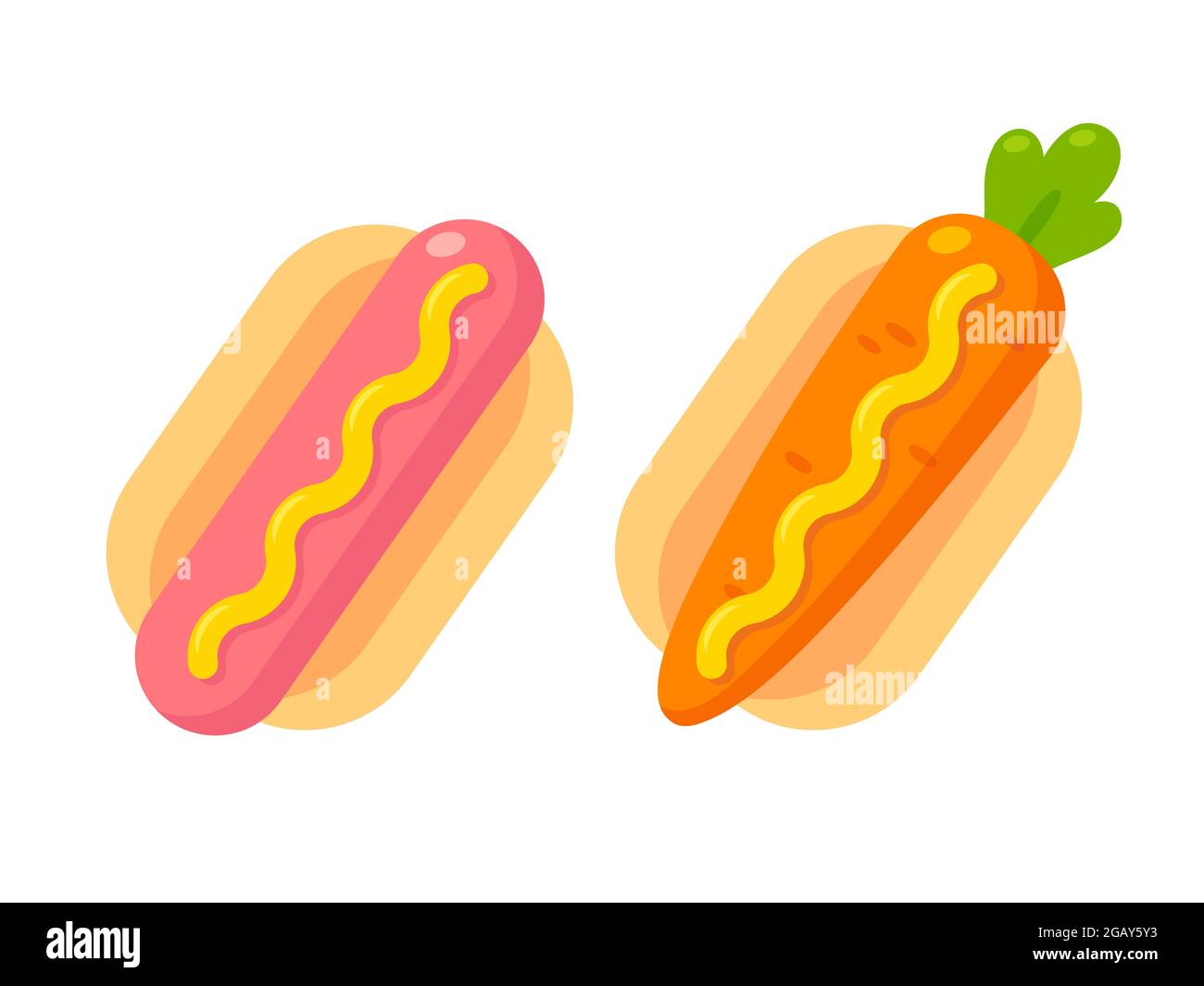 Cartoon hot dog icon, vegan carrot in bun and sausage with mustard. Funny veggie hotdog. Vector clip art illustration. Stock Vector