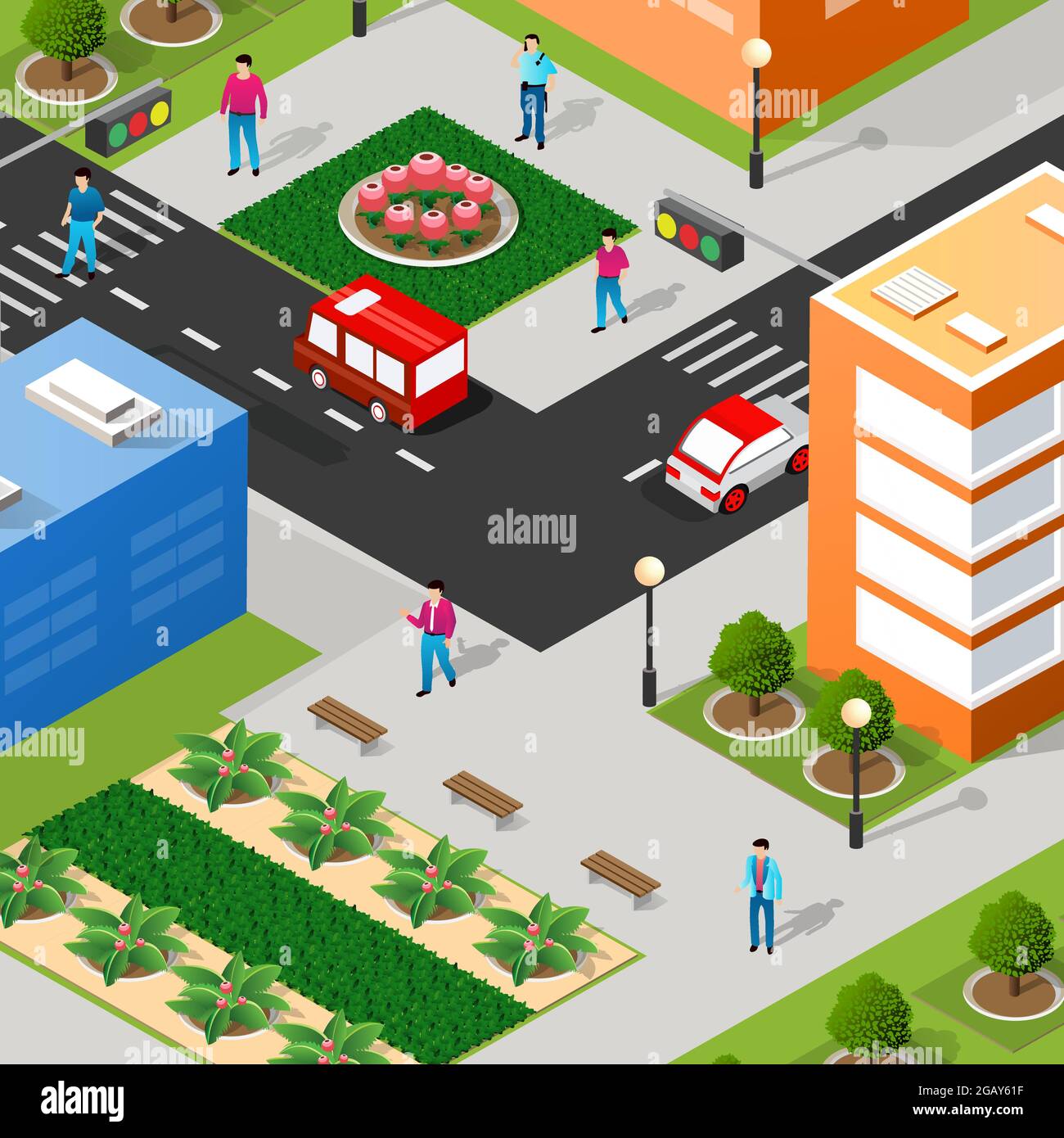 Lifestyle scene urban Isometric 3D illustration of a city block with ...