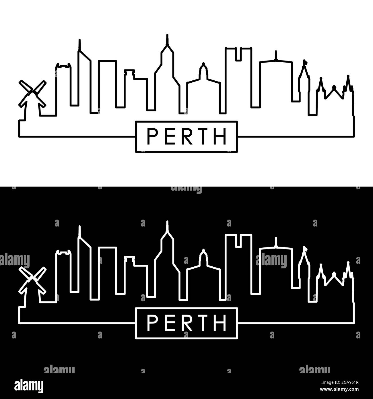 Perth skyline. Linear style. Editable vector file. Stock Vector