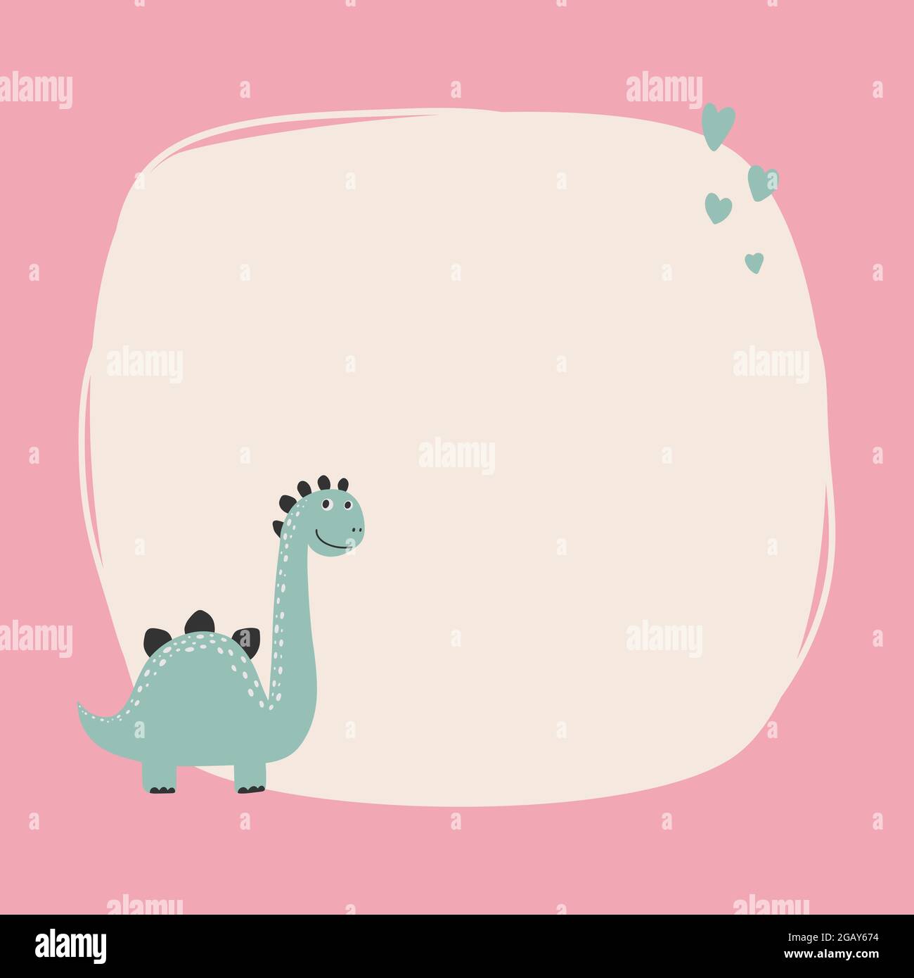 Cute dinosaur with a blot frame in simple cartoon hand-drawn style. Stock Vector