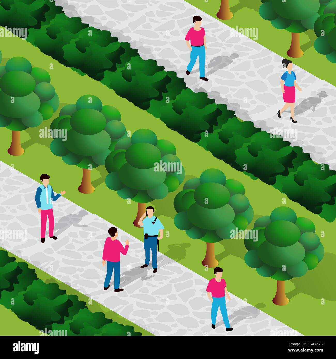City park with trees and people walking vacationers lifestyle scene ...