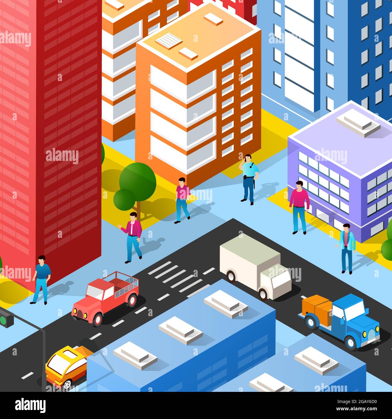 Lifestyle scene urban Isometric 3D illustration of a city block with ...