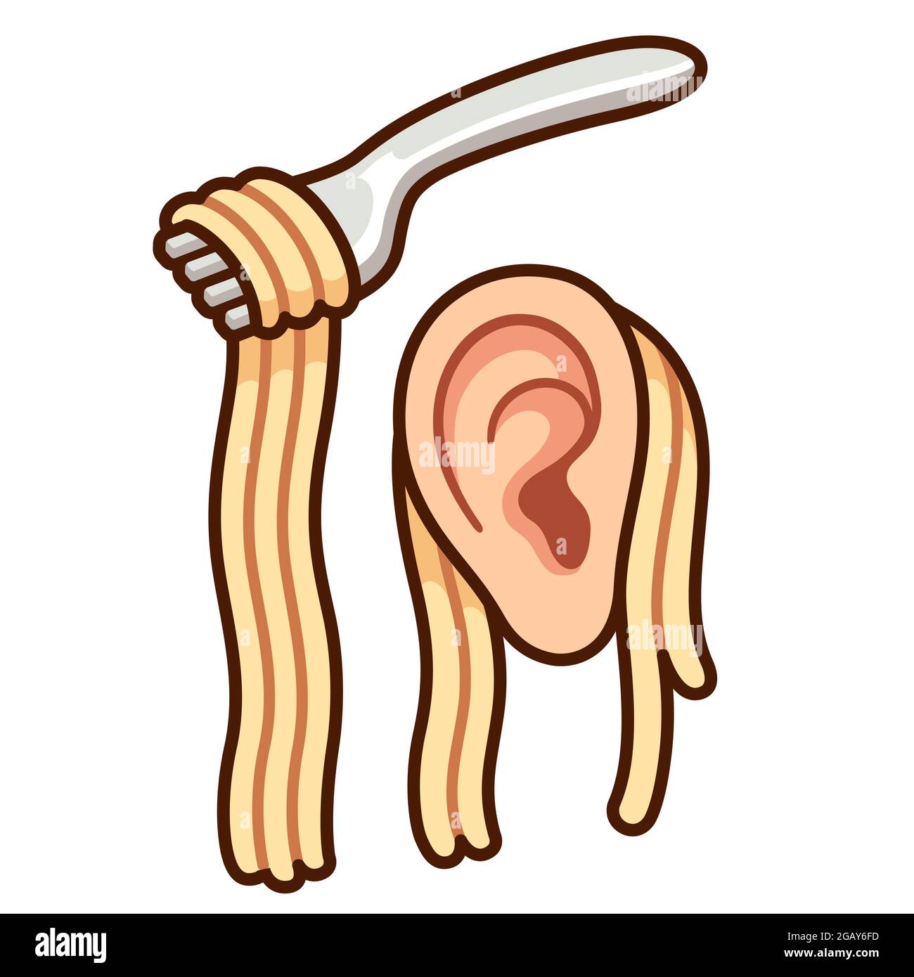 'Вешать лапшу на уши' (Russian expression 'Hanging noodles on ears') Cartoon drawing of spaghetti on ear and fork. Funny vector illustration. Stock Vector