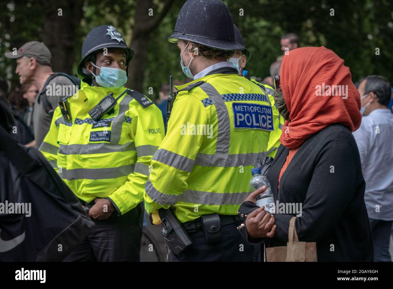 London, UK. 1st August, 2021. Enhanced policing at Speakers' Corner