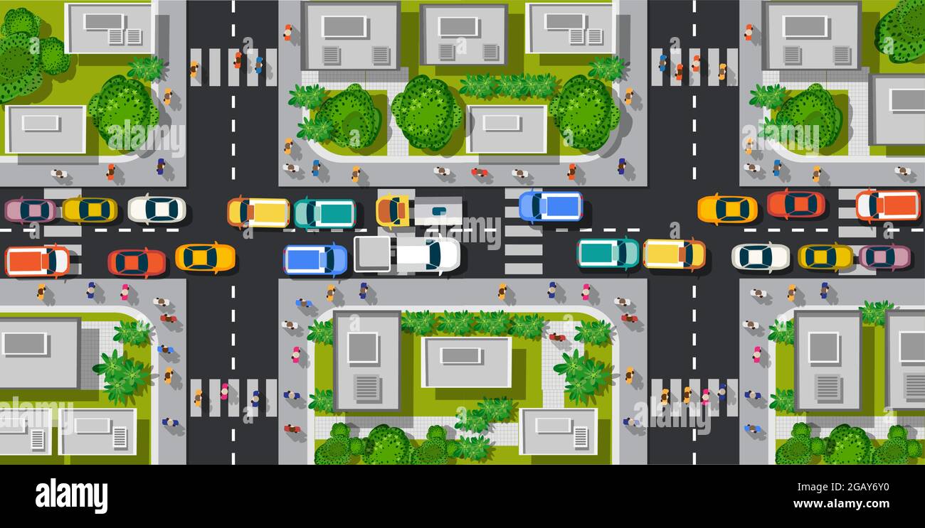 Road top view with highways many different vehicles. Stock Vector