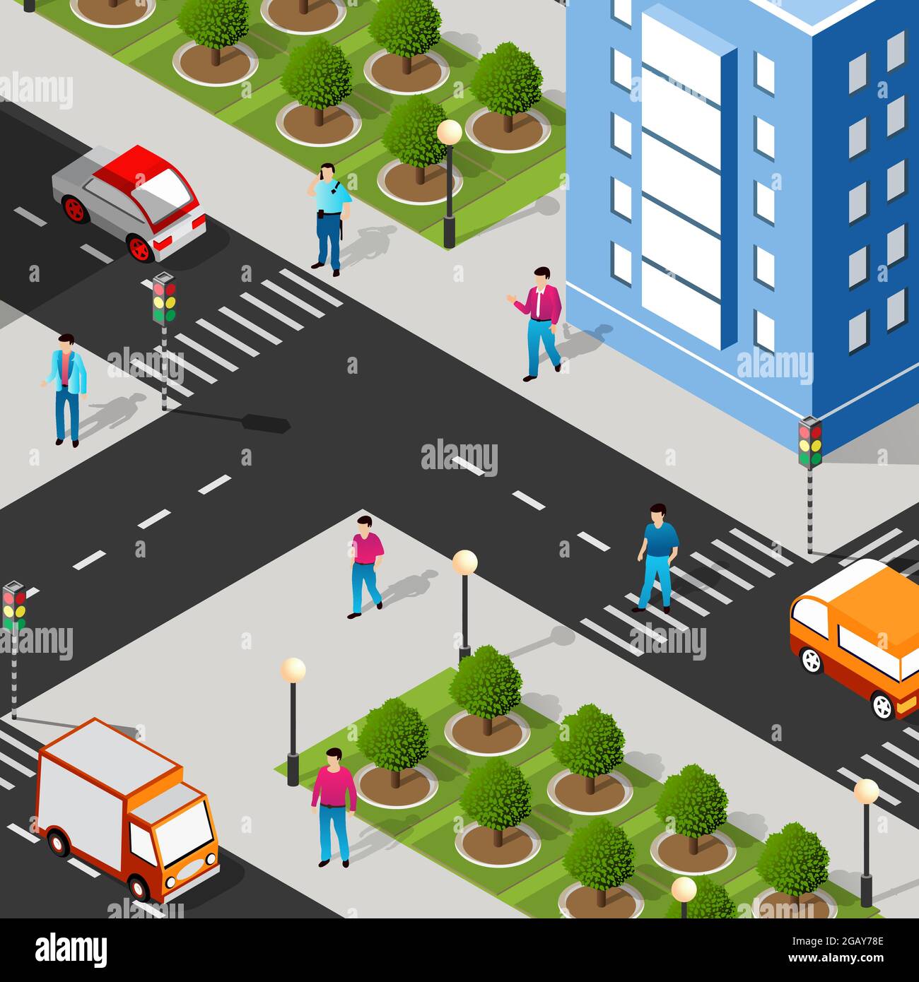 Lifestyle scene urban Isometric 3D illustration of a city block with ...