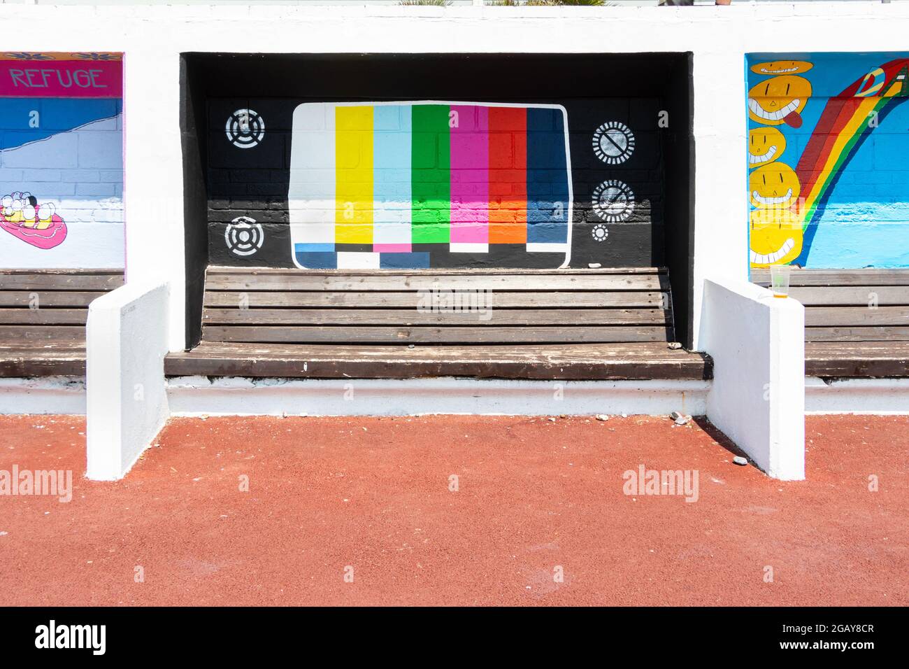 wall painting of colour bars test card TV graphic on seafront in Hastings St Leonards on Sea, East Sussex Stock Photo