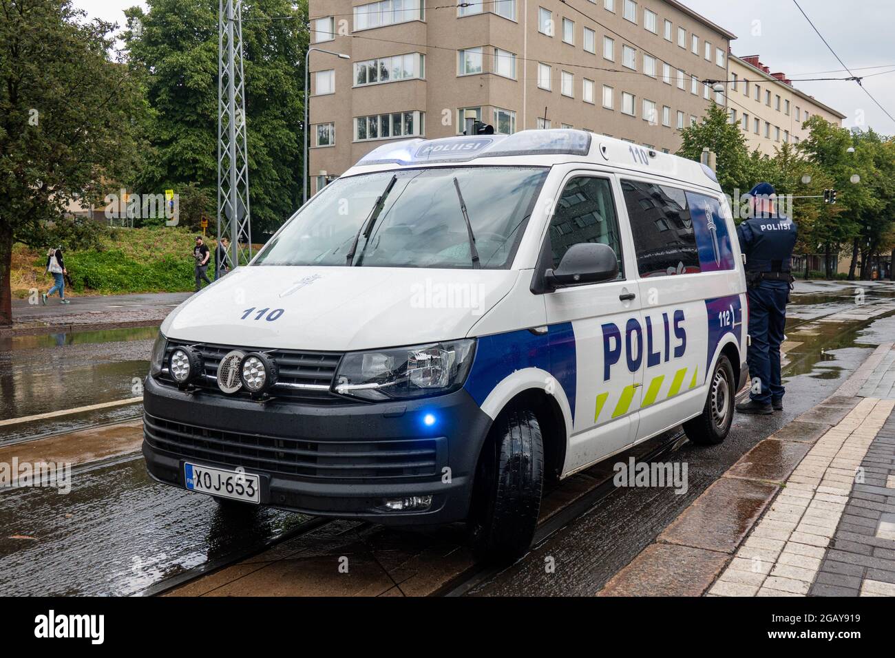 Police van on Mannerheimintie in Helsinki, Finland Stock Photo
