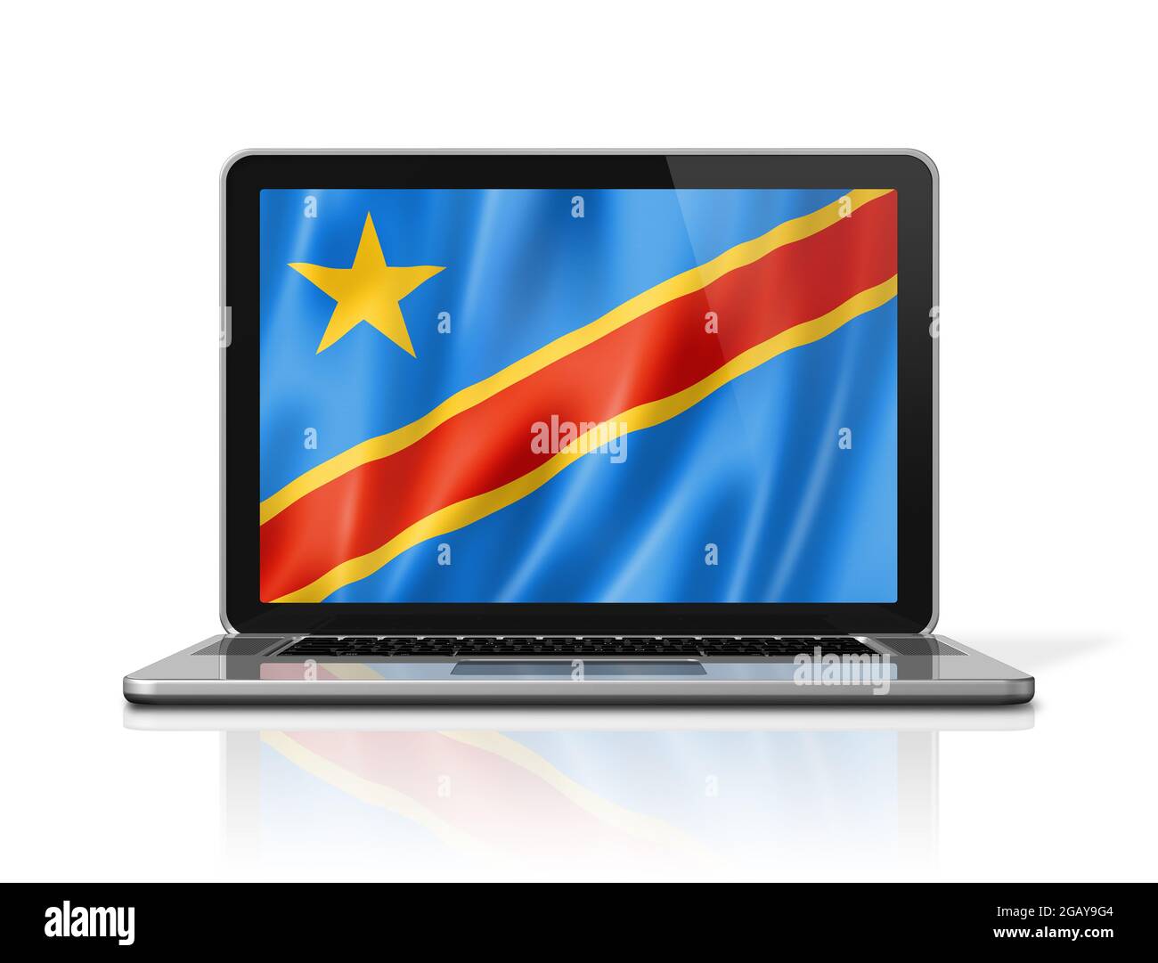 Democratic Republic of the Congo flag on laptop screen isolated on white. 3D illustration render. Stock Photo