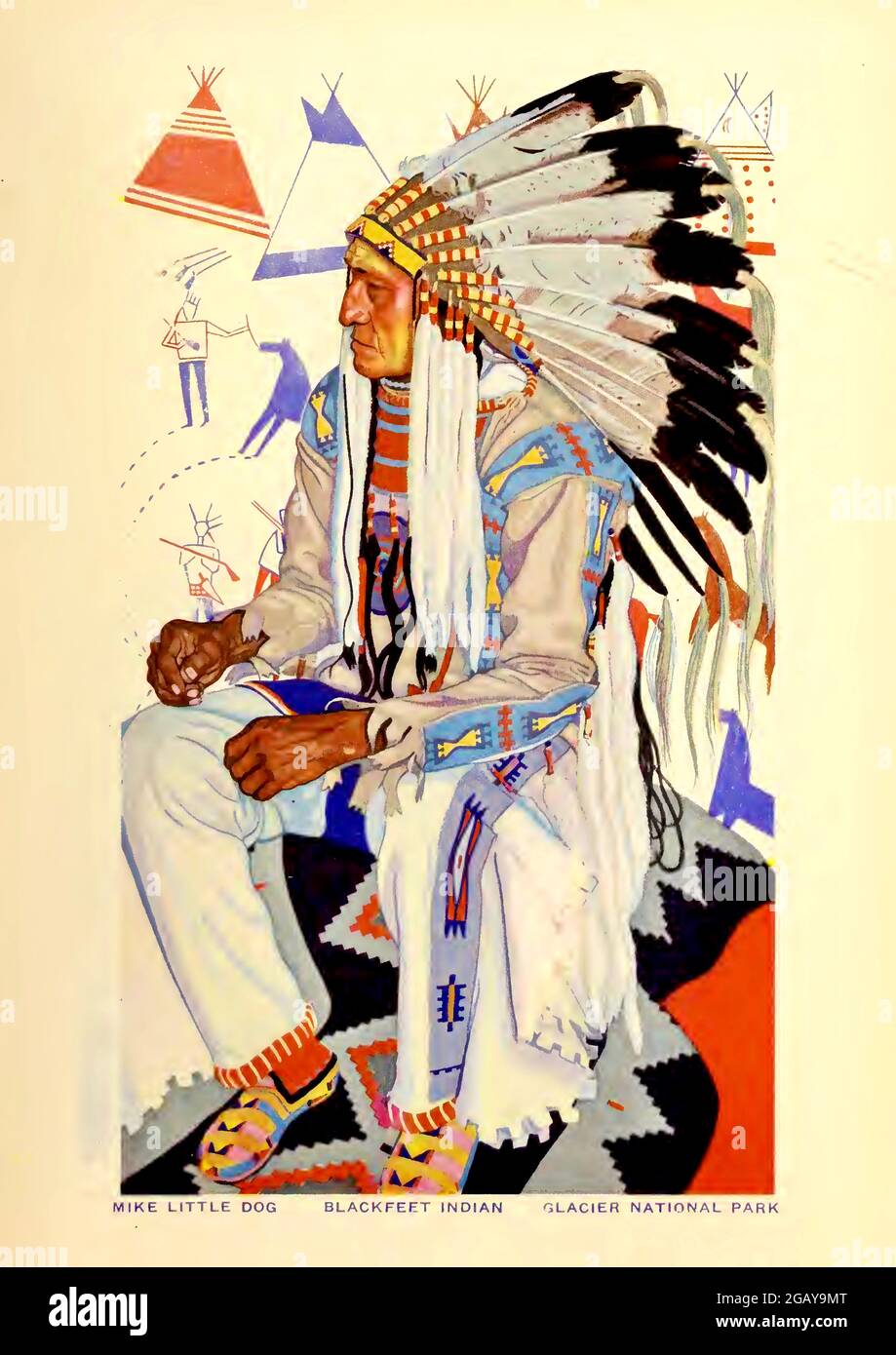 Winold Reiss artwork entitled Mike Little Dog - Blackfeet Indian - Glacier National Park Stock Photo