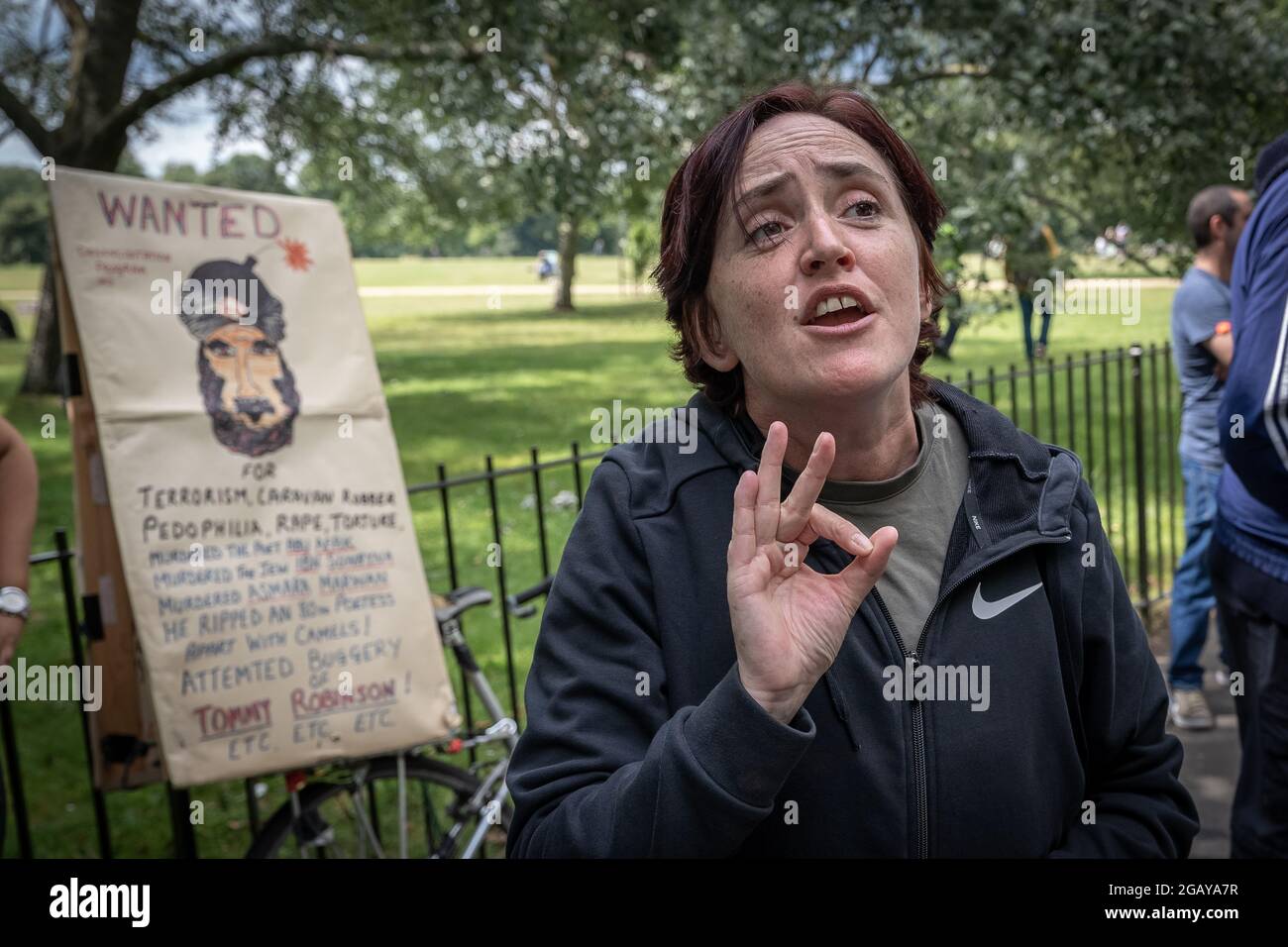 London, UK. 1st August, 2021. Anne Marie Waters, founder of controversial anti-Islam party 'For Britain' is interviewed at Speakers' Corner in Hyde Park the week after a suspected Islamist attack on a regular Christian preacher. The attacker remains at large with police officers operating an increased surveillance presence at the corner with some officers armed with Taser electronic weaponry. Credit: Guy Corbishley/Alamy Live News Stock Photo