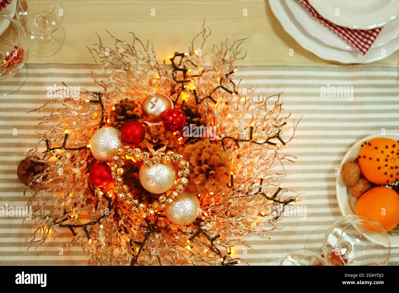 Christmas table setting with holiday decorations Stock Photo Alamy