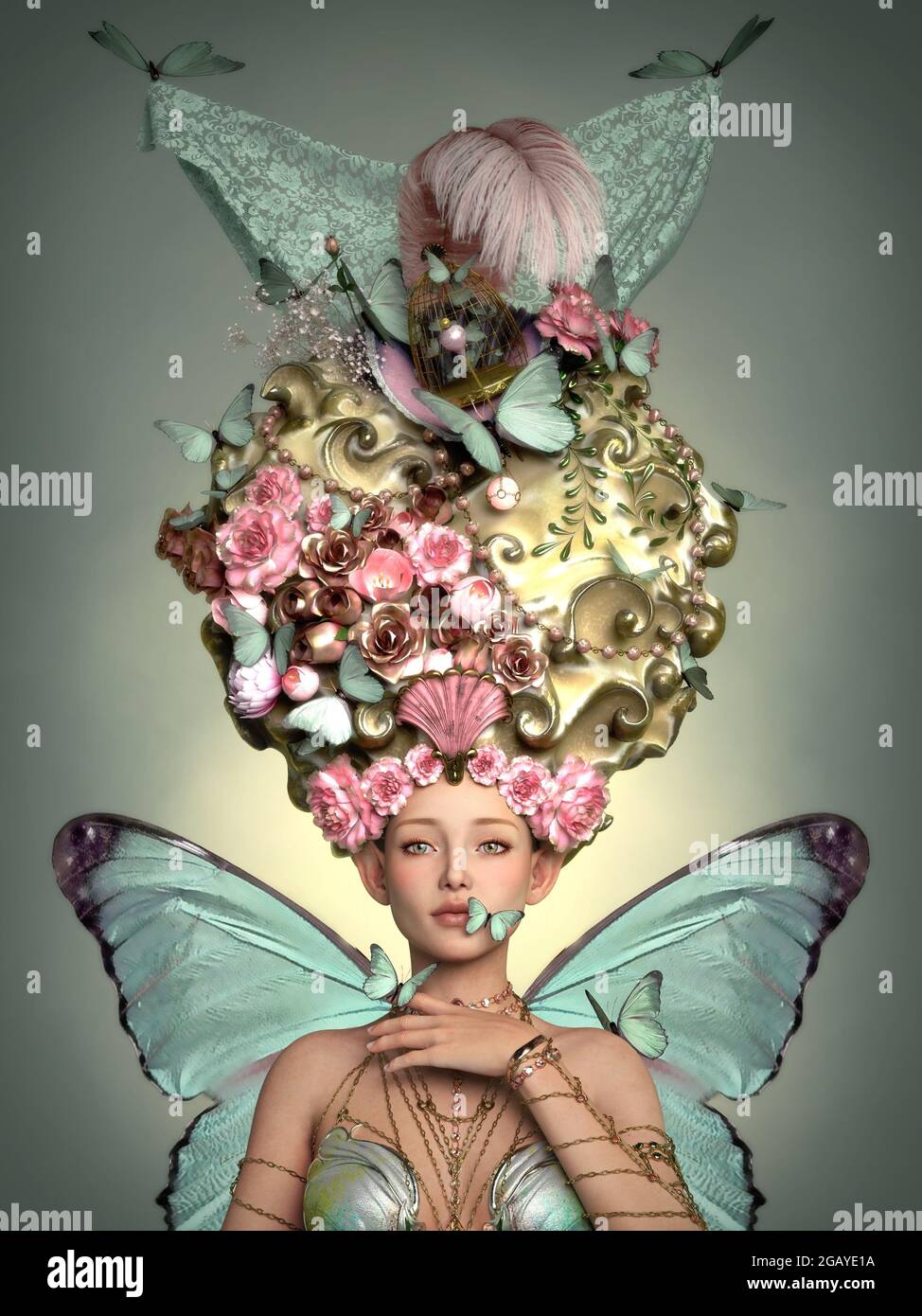 3d computer graphics of a a lady with a rococo headdress and butterflies Stock Photo