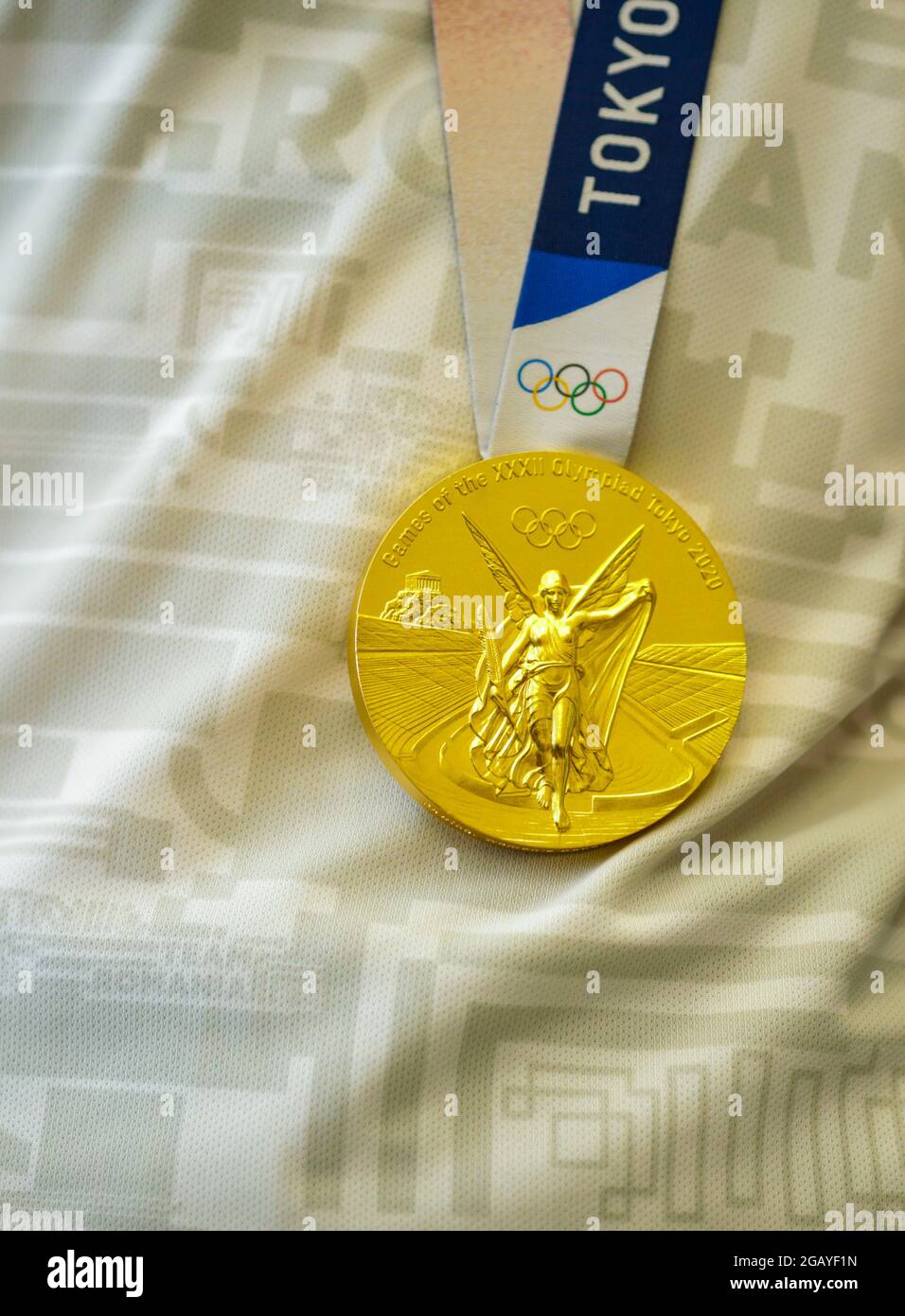 Otopeni, Romania - August 1, 2021: Details with a Tokyo 2020 Olympic Games gold medal won by a Romanian female athlete. Stock Photo