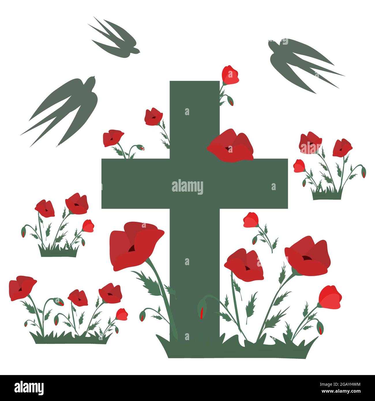 Cross in the poppy field and swallows in silhouette Cemetery headstone with poppies. Vector illustration for Remembrance Day, Anzac Day Isolated on wh Stock Vector