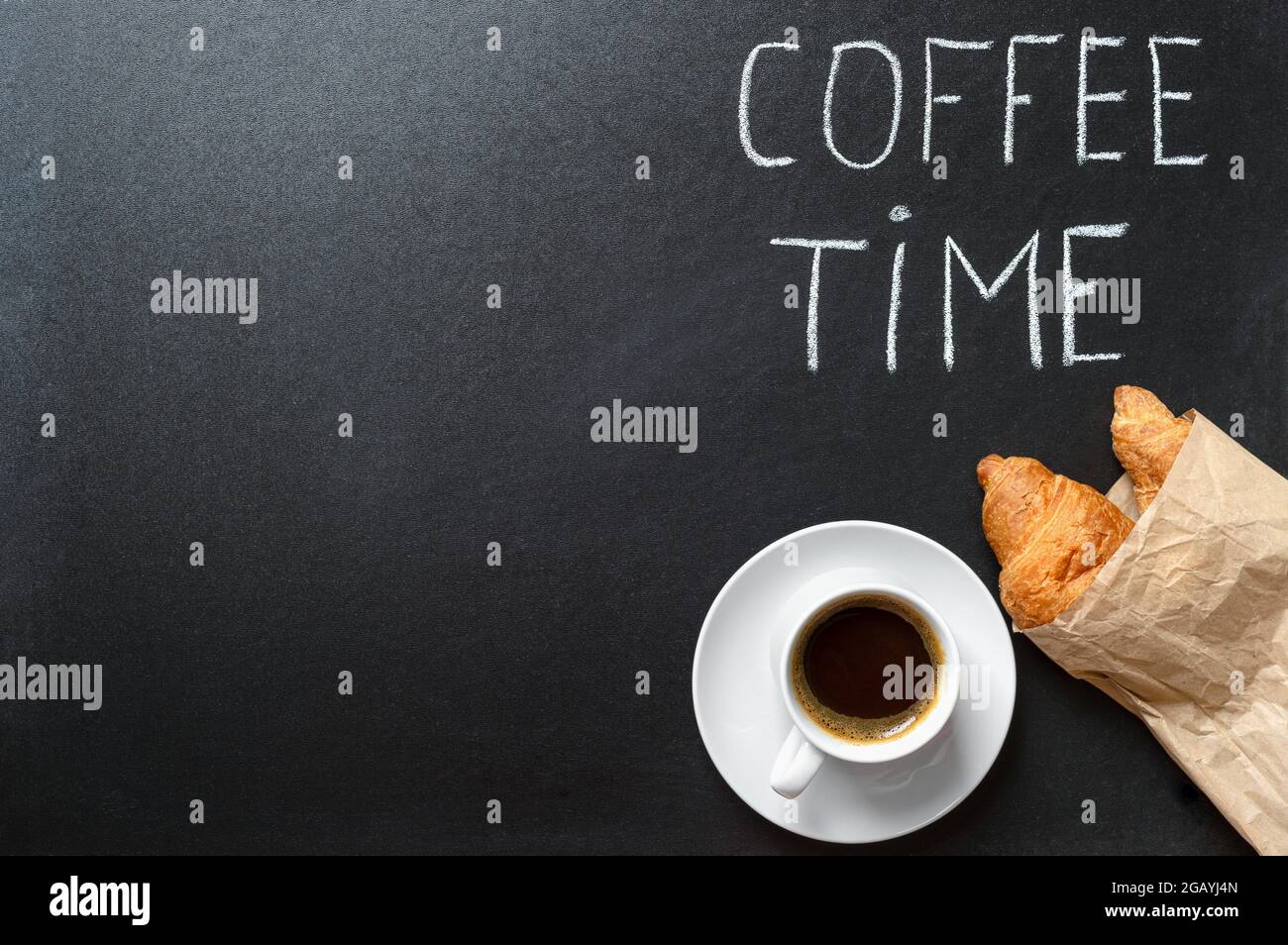 Cup of coffee, fresh croissants and "coffee time" lettering, top view.  Coffee break concept, time for breakfast. Copy space Stock Photo - Alamy