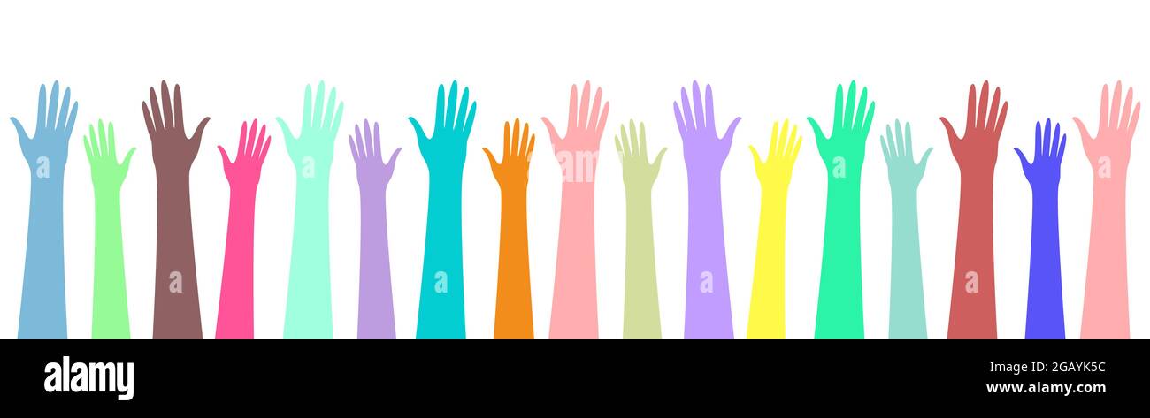 Raised up hands of different skin color. Copy space. Isolated vector illustration on white background Stock Vector