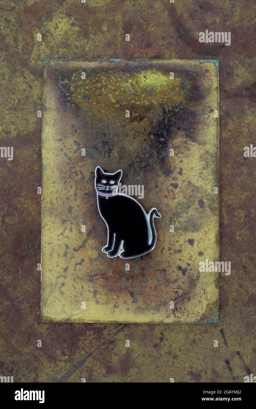 Enamel brooch or badge or pin of black cat lying on tarnished brass Stock Photo