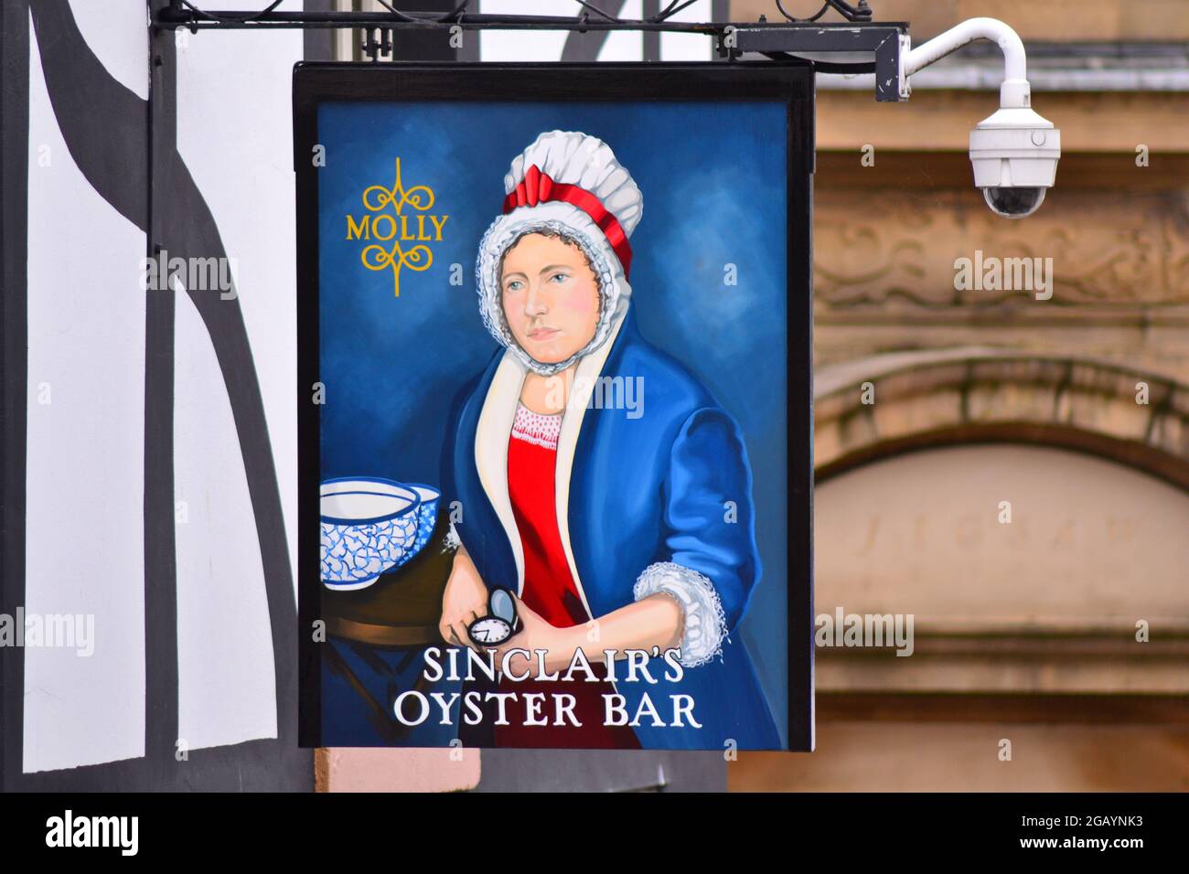Sign on Sinclair's Oyster Bar, pub and eatery, central Manchester, England, United Kingdom, Stock Photo