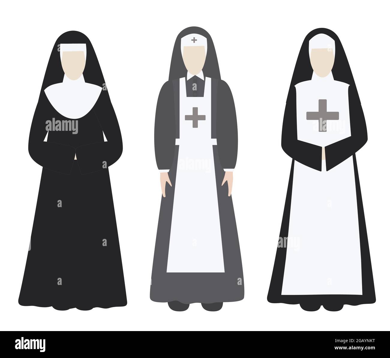 Sisters of Mercy and nun in a black set.  Front view. Flat style. Vector illustrations. Isolated on a white background Stock Vector