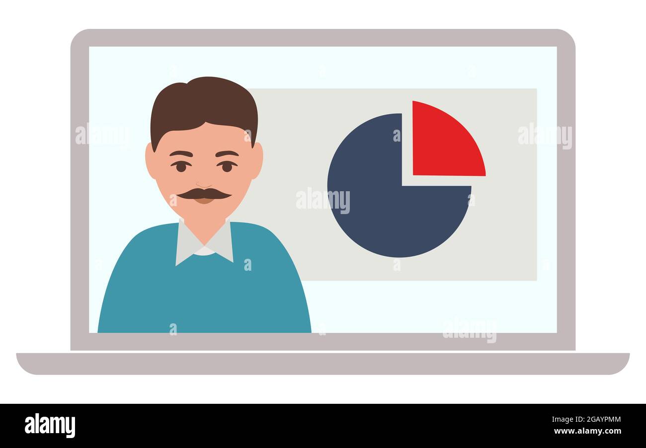 A finance market analyst Businessman analyzes stock reports on a laptop screen. Close-up front view Isolated vector illustration on white background Stock Vector