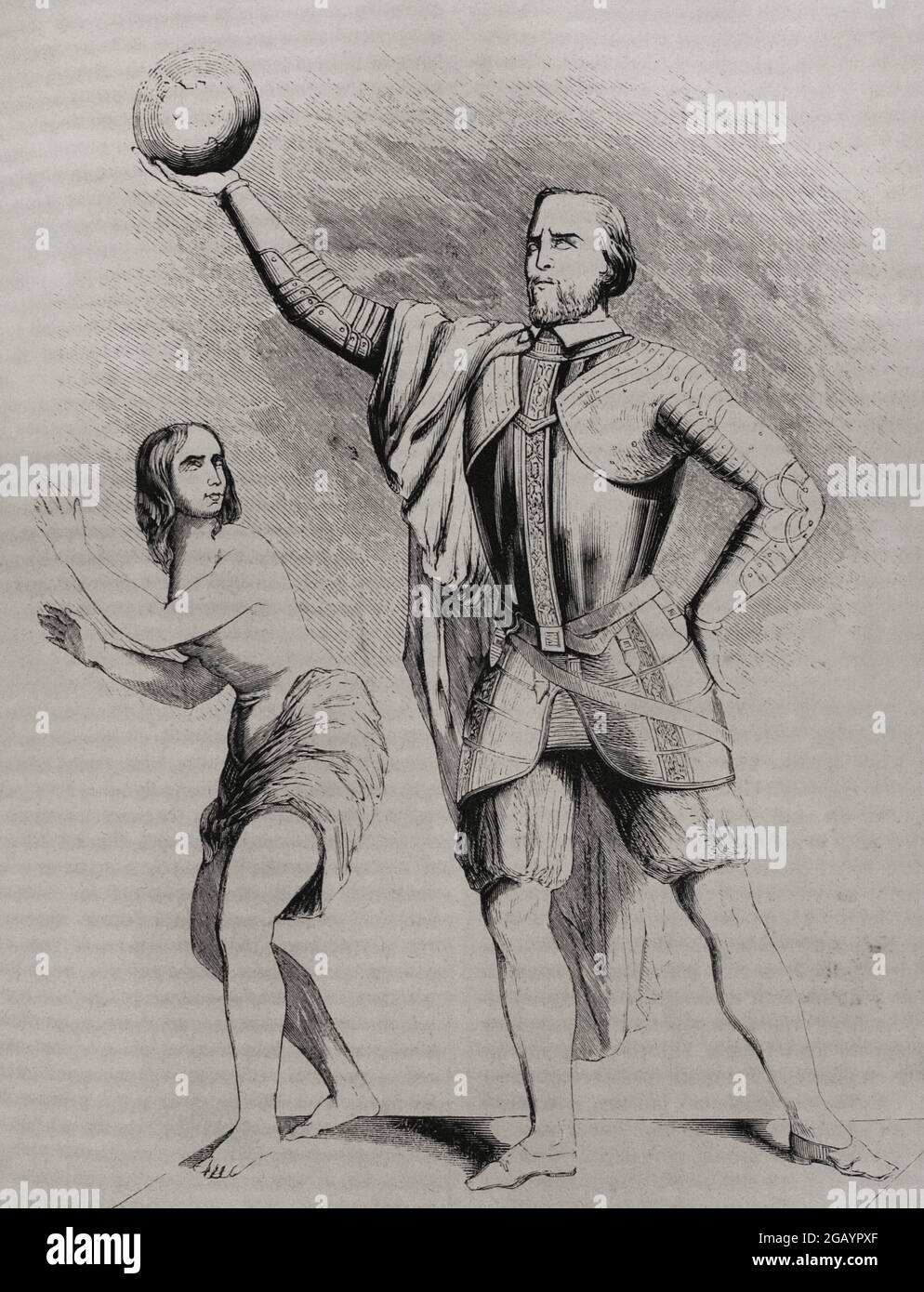 Christopher Columbus (1451-1506). Navigator, cartographer and admiral. He served the Crown of Castile. Discoverer of America in 1492. Allegorical engraving. Las Glorias Nacionales, 1853. Stock Photo