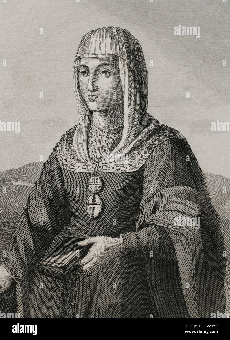 Joanna of Castile (known as Joanna the Mad) (1479-1555). Queen of Castile (1504-1555) and Aragon (from 1516), daughter of the Catholic Monarchs. Wife of Philip the Handsome. Portrait. Engraving by Antonio Roca Sallent. Las Glorias Nacionales, 1853. Author: Antonio Roca Sallent (1813-1864). Spanish engraver. Stock Photo