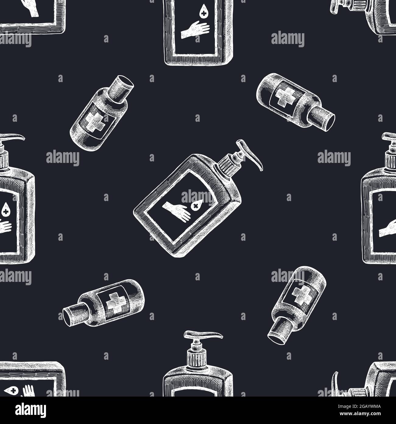 Seamless pattern with hand drawn chalk sanitizer bottles Stock Vector