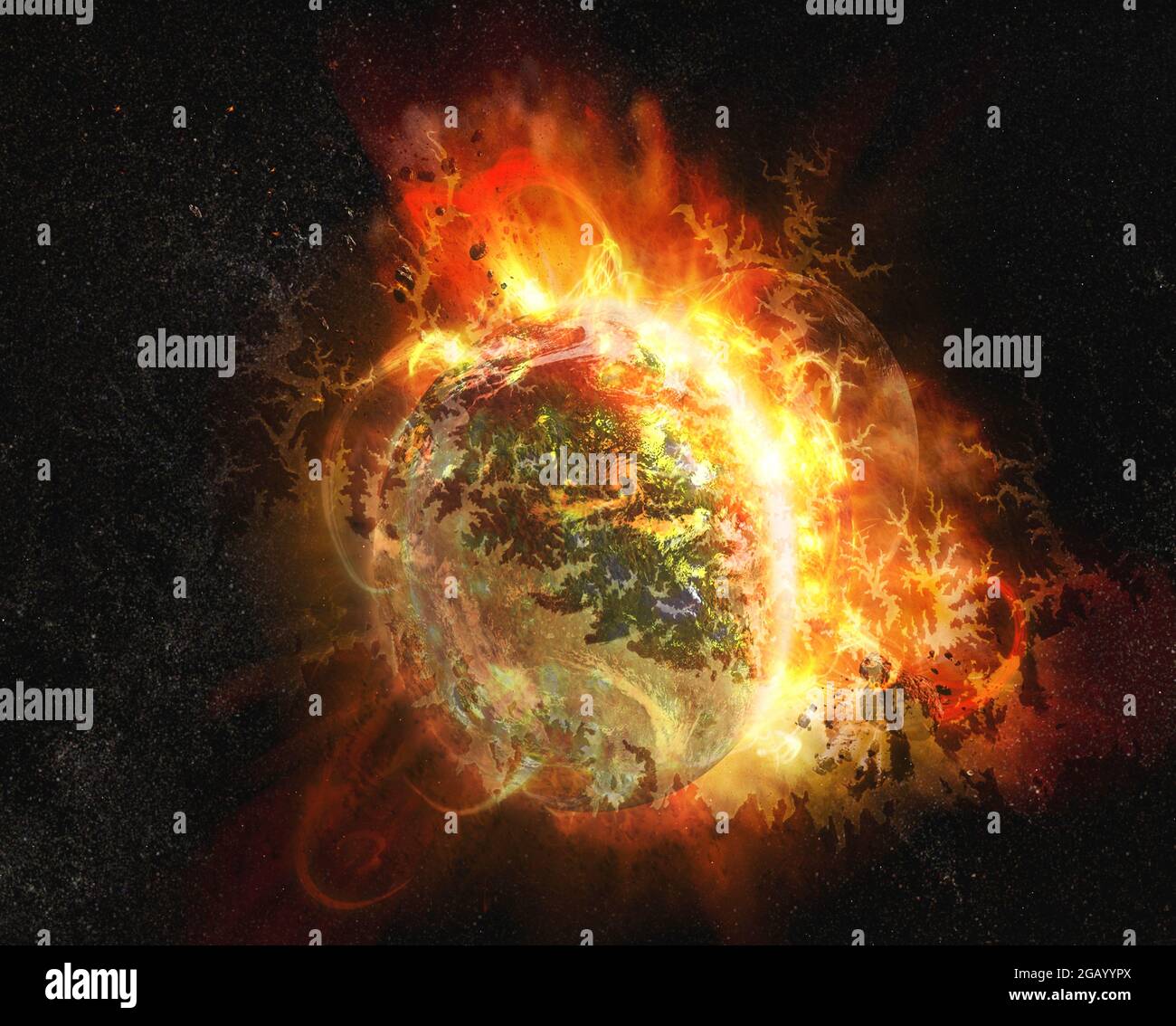 Catastrophe of the planet, explosion and break into pieces in a fireball. Elements of this image furnished by NASA. Stock Photo