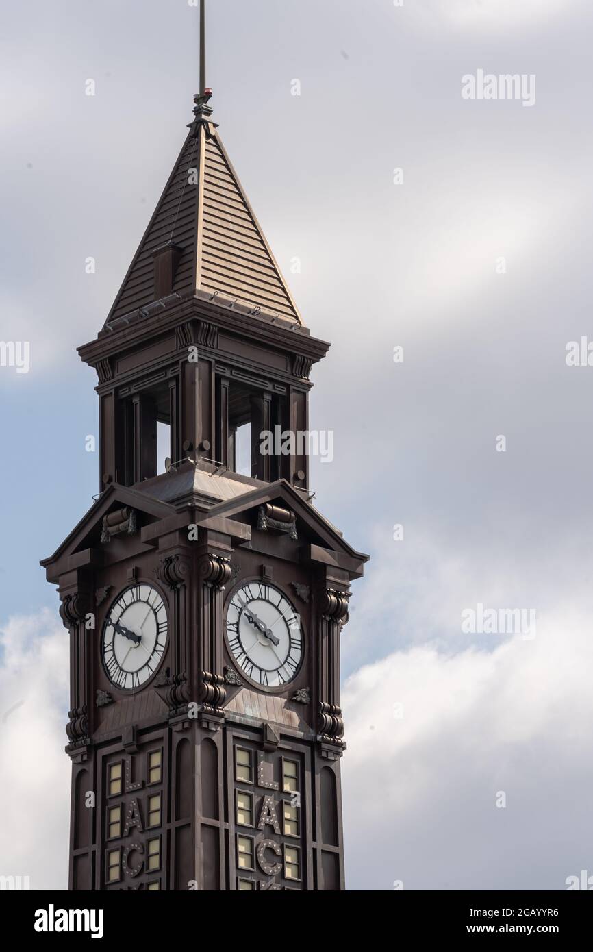 Hoboken, NJ - USA - July 30, 2021: Close-up vertical view of the clock
