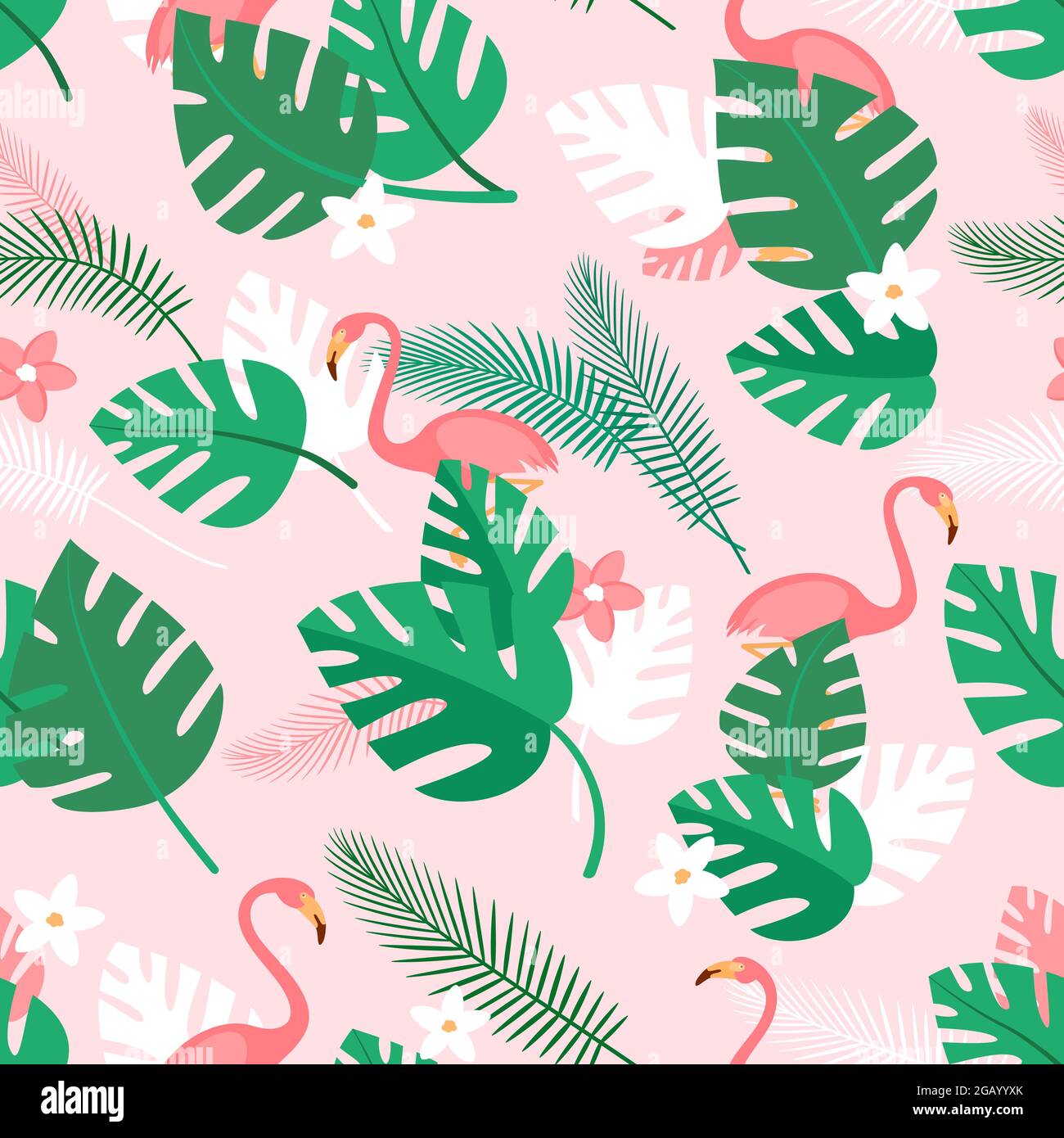 Seamless pattern with tropical plants, flowers and pink flamingos. Summer background with green palm leaves. Simple wallpaper, vector Stock Vector