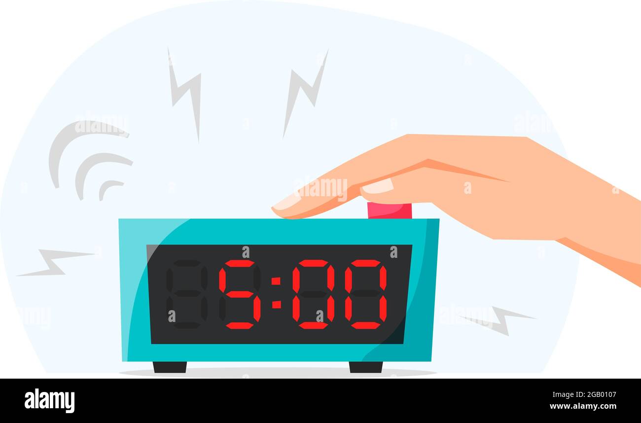 Early morning and waking up early concept. Turn off ringing alarm clock, pressing button on electronic clock. Flat style vector Stock Vector