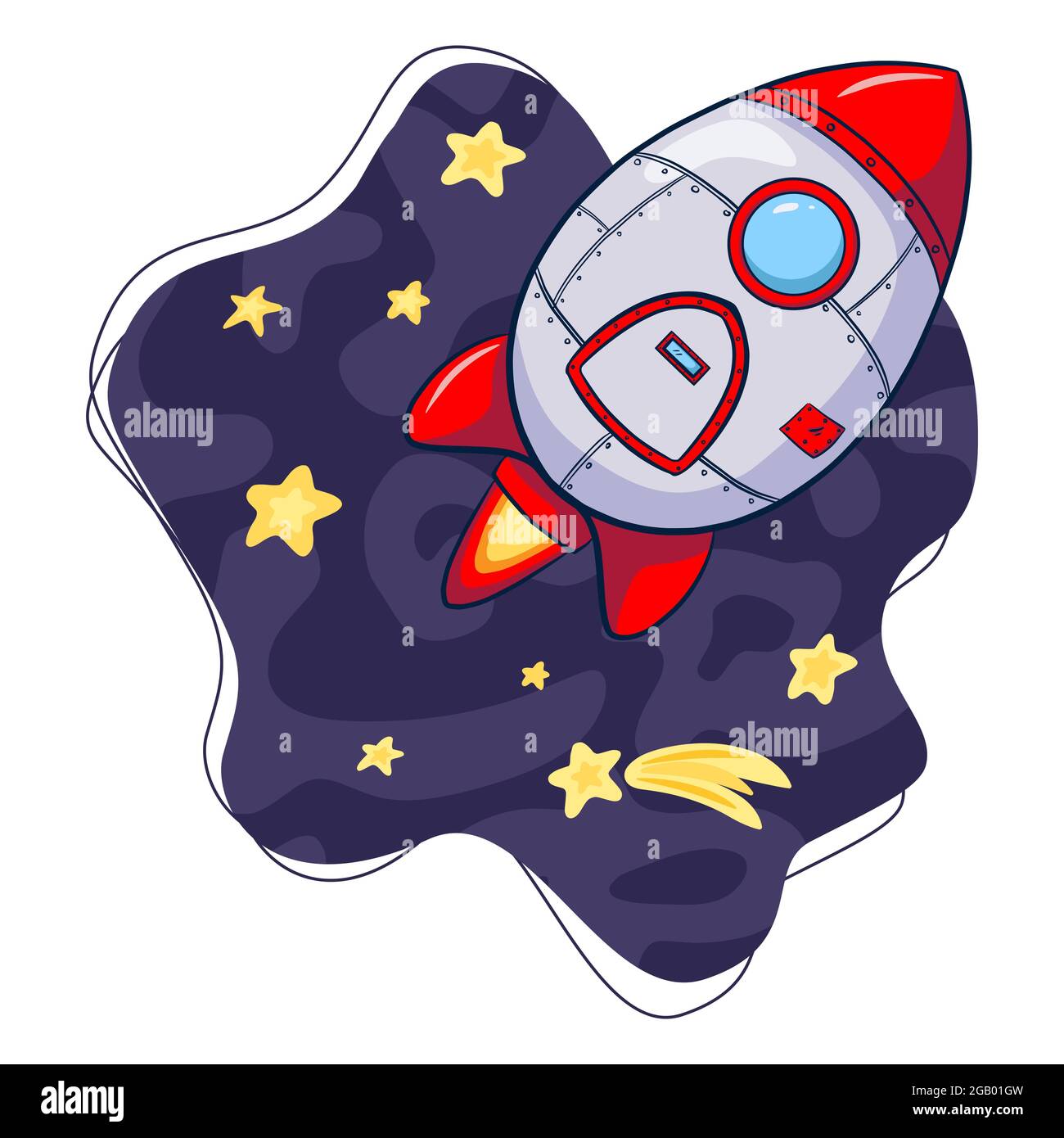 Rocket in Space Cartoon Illustration. Spaceship and Stars. Spacecraft in cosmos illustration for logo, print, nursery decor, Web design, Banner, Flyer, Sticker, Card Stock Vector
