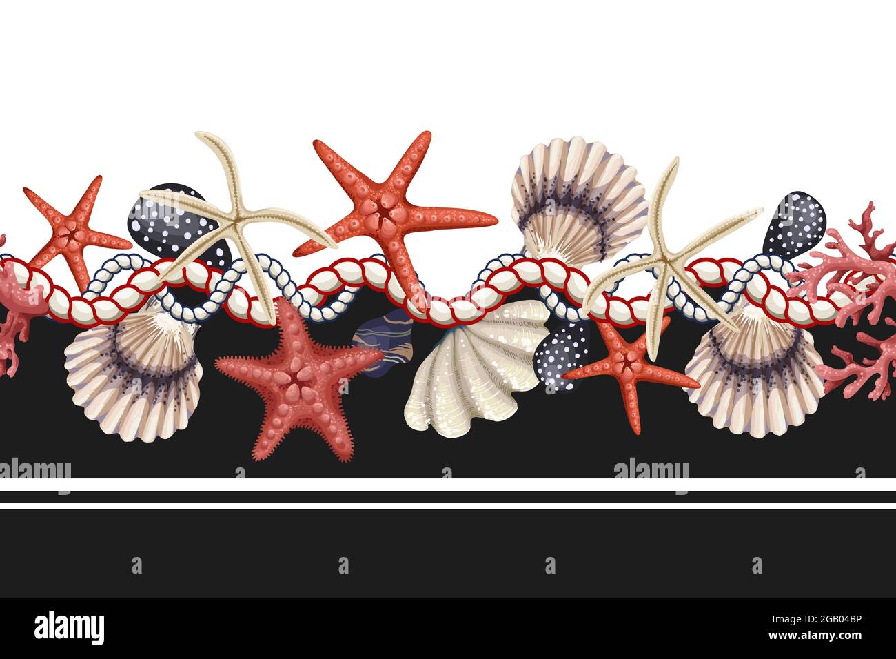 Border with starfishes, shells and rope. Vector trende print. Stock Vector
