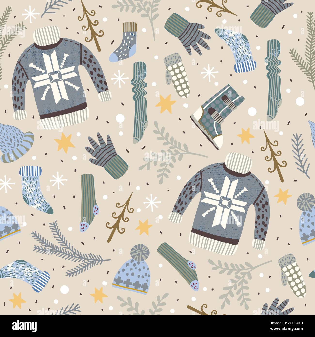 Seamless pattern with Christmas elements and winter clothes. Stock Vector
