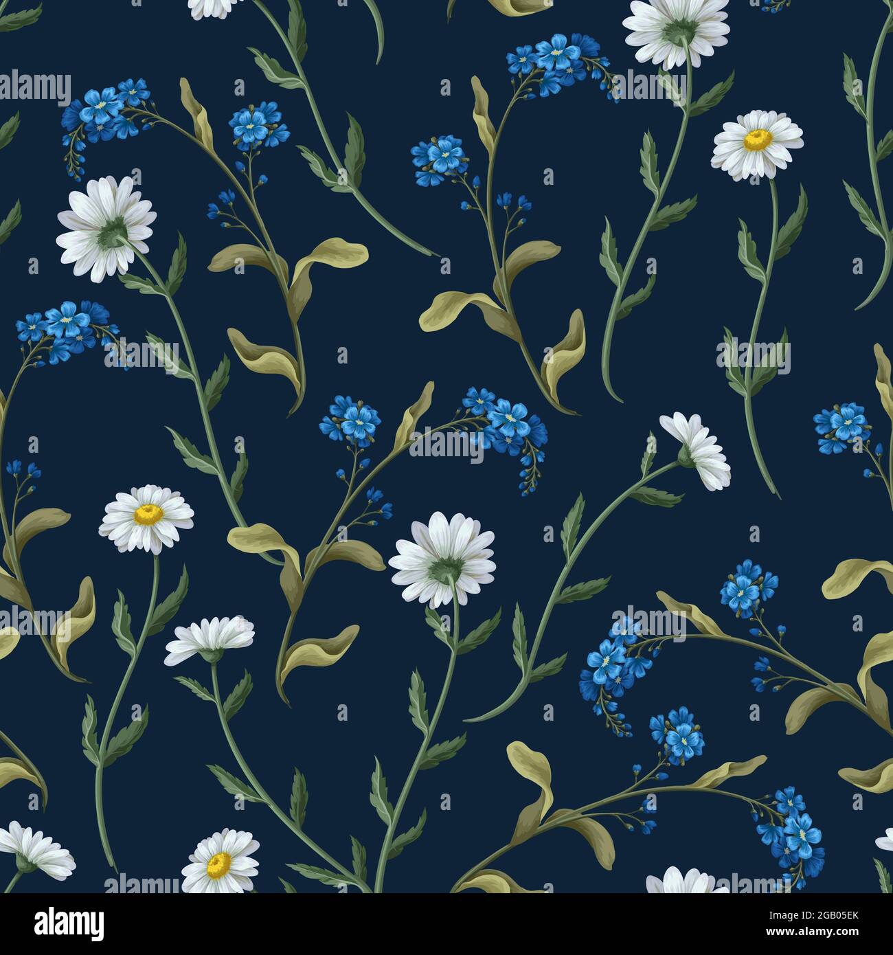Seamless pattern with chamomiles. Trendy print with wild flowers. Stock Vector