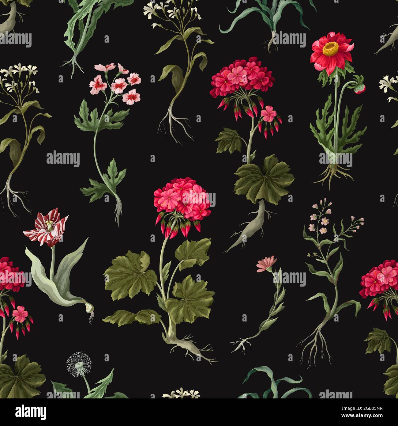 Seamless pattern with geraniums and wild flowers. Trendy floral vector print. Stock Vector
