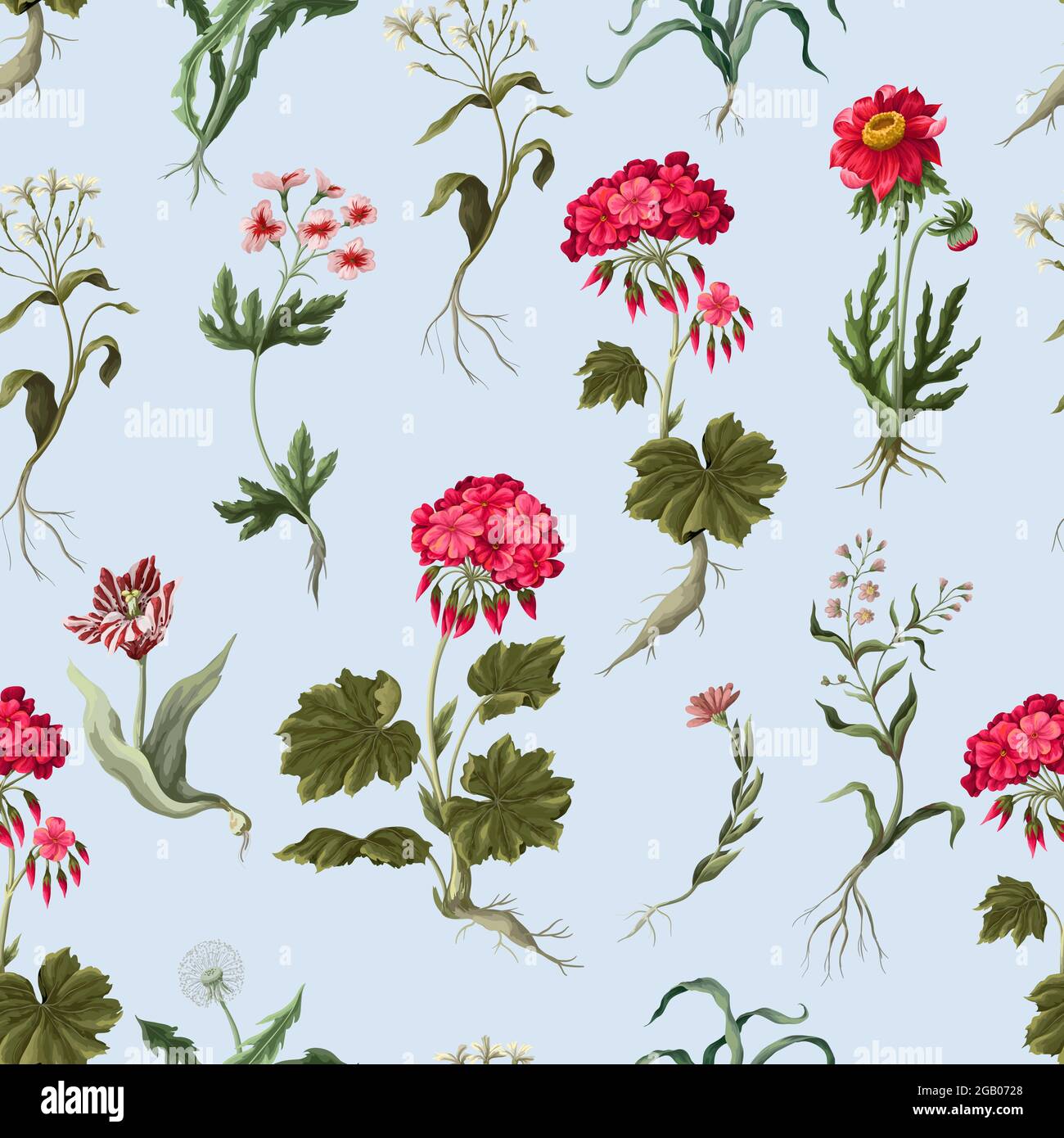 Seamless pattern with geraniums and wild flowers. Trendy floral vector print. Stock Vector