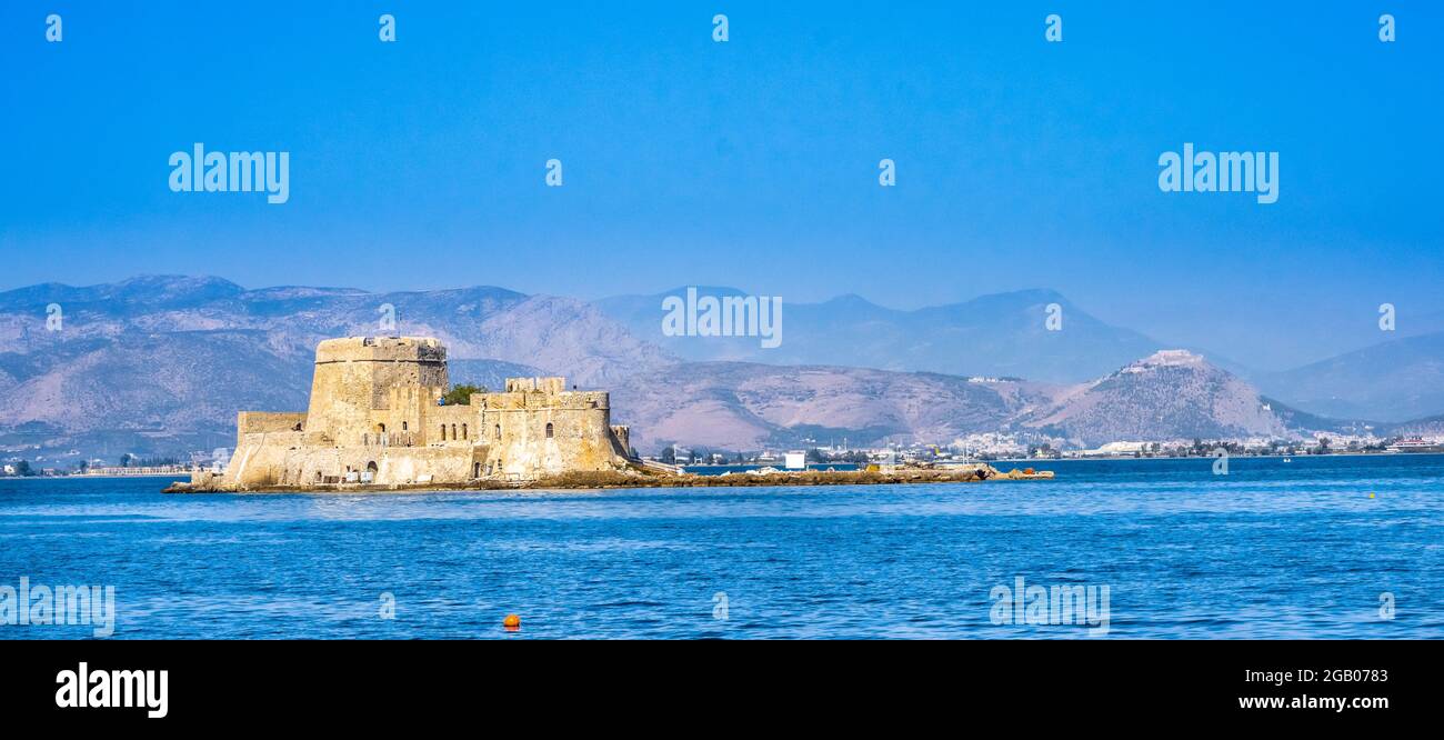Bourtzi castle in Nafplio at sunset, Peloponnes Greece Stock Photo