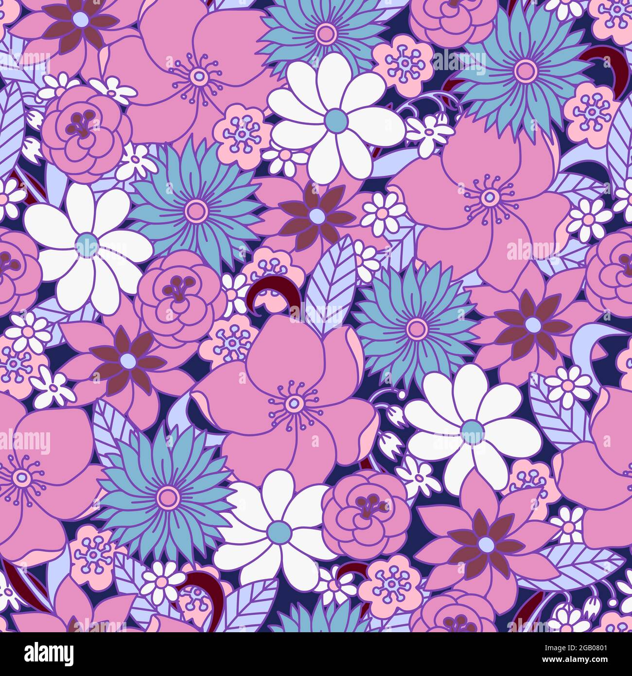 Seamless pattern with simple flowers. Floral print hippie 60s. Stock Vector