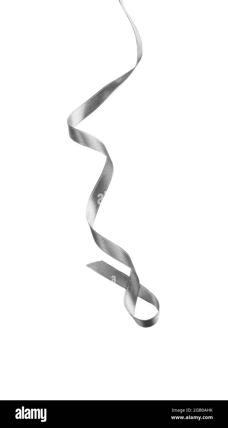 Silver silk curly ribbon isolated on white background Stock Photo - Alamy