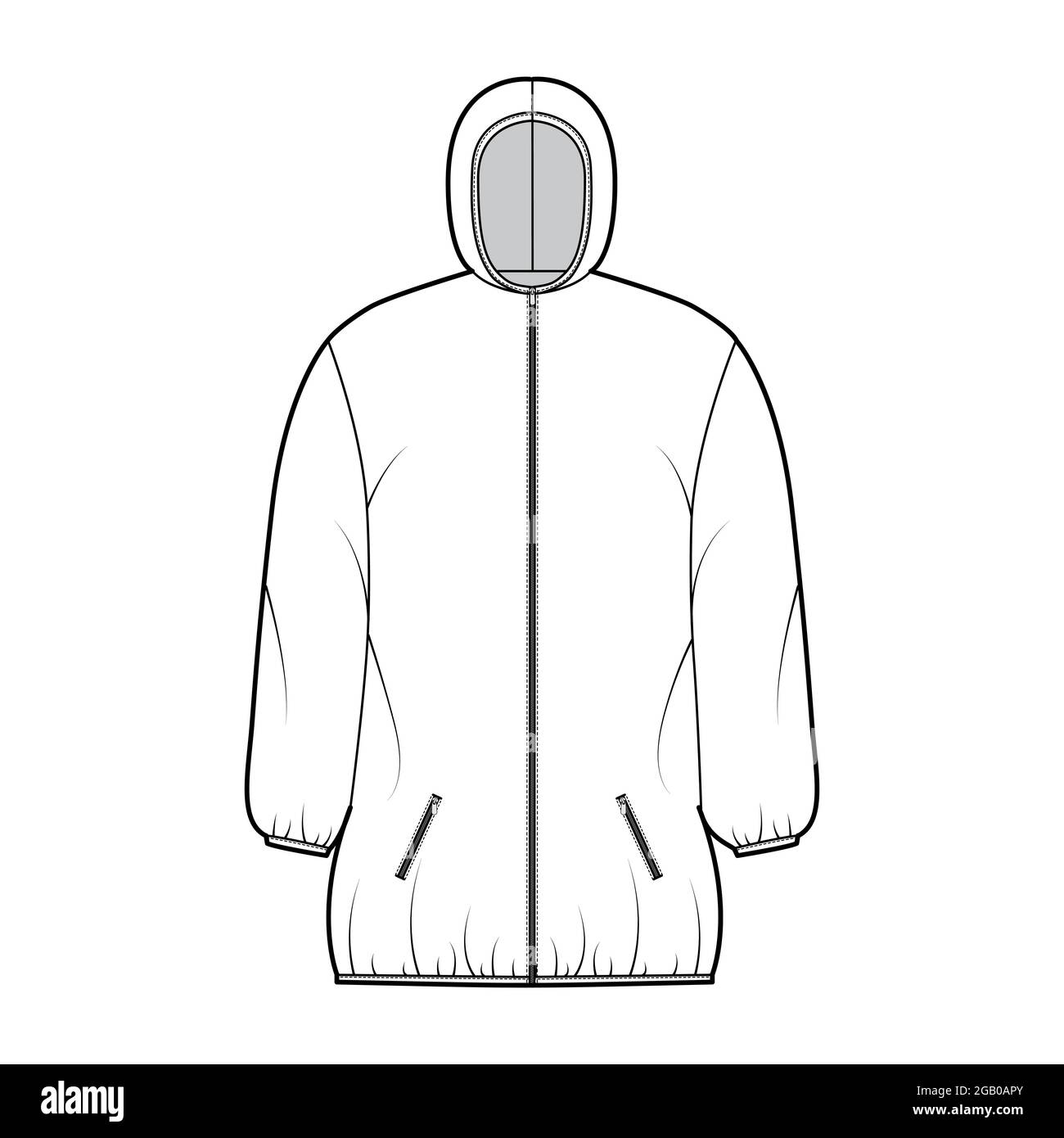 Down puffer coat jacket technical fashion illustration with long